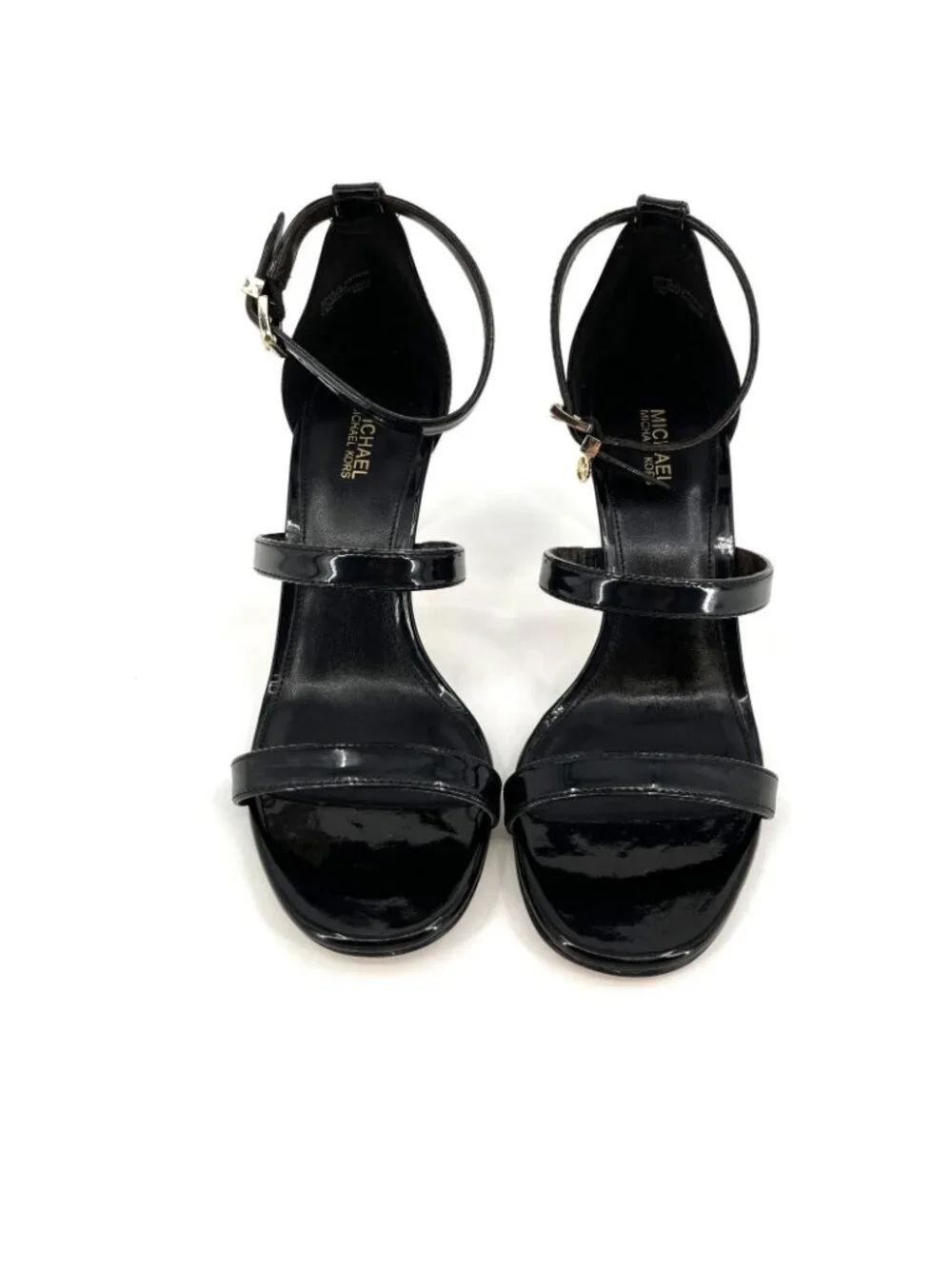 Michael Kors Koda Sandals Black Size 6.5M Faux Leather 3in Heel Ankle Strap